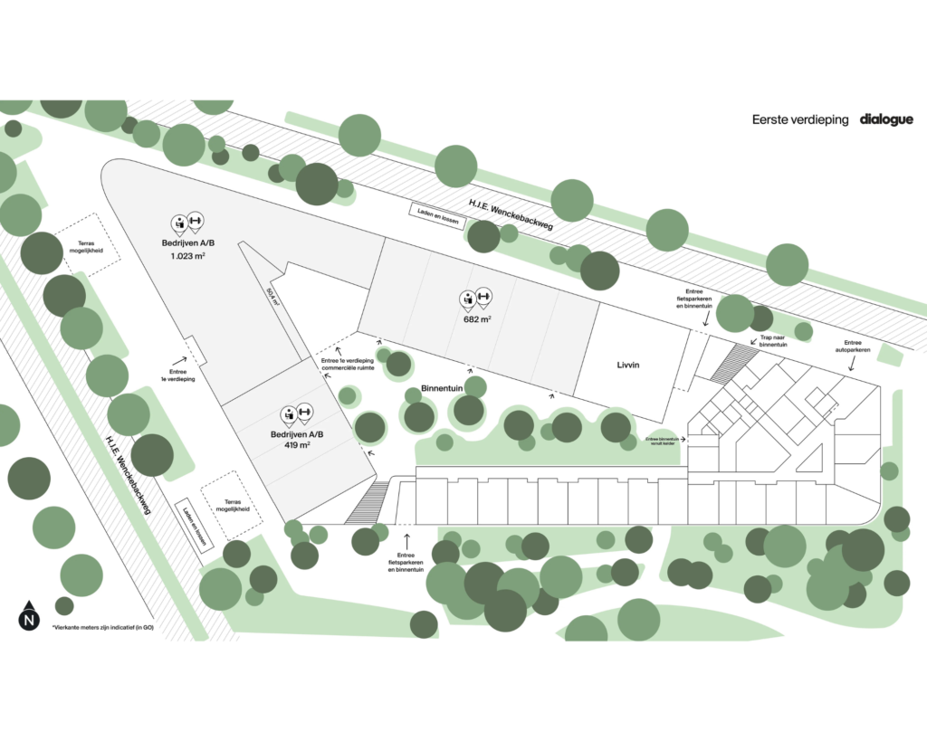 Plattegrond van de eerste verdieping van een bedrijfs- en wooncomplex aan de H.J.E. Wenckebachweg met bedrijfsruimtes, binnentuin en toegangspunten.